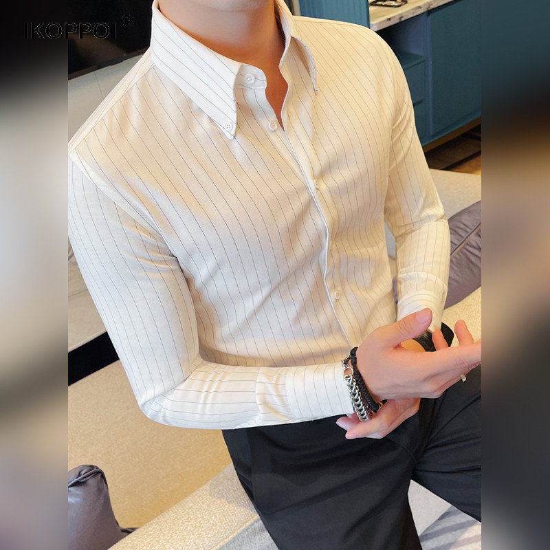 轻奢条纹大尖领长袖衬衫男士春季高级感绅士商务休闲修身百搭衬衣