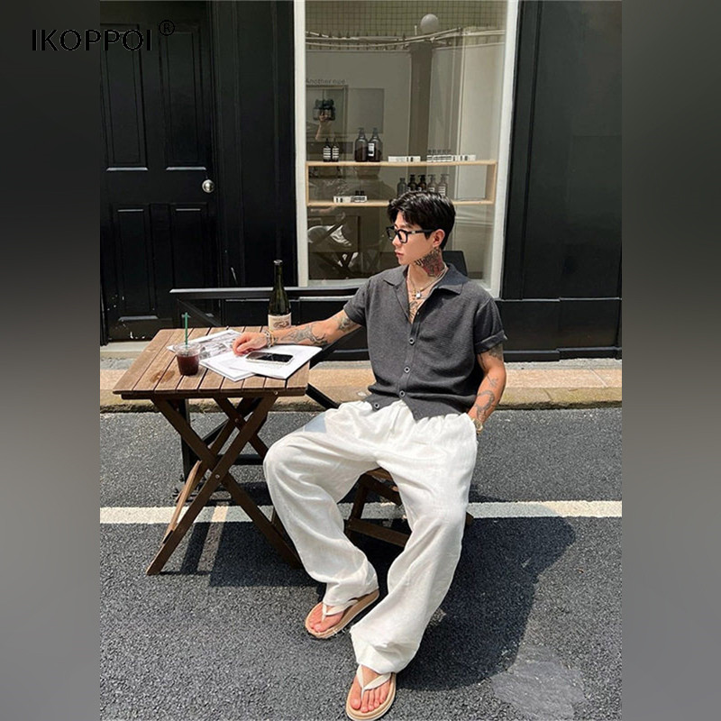 轻奢老钱风白色亚麻阔腿休闲裤男士夏季薄款宽松bf慵懒风直筒长裤