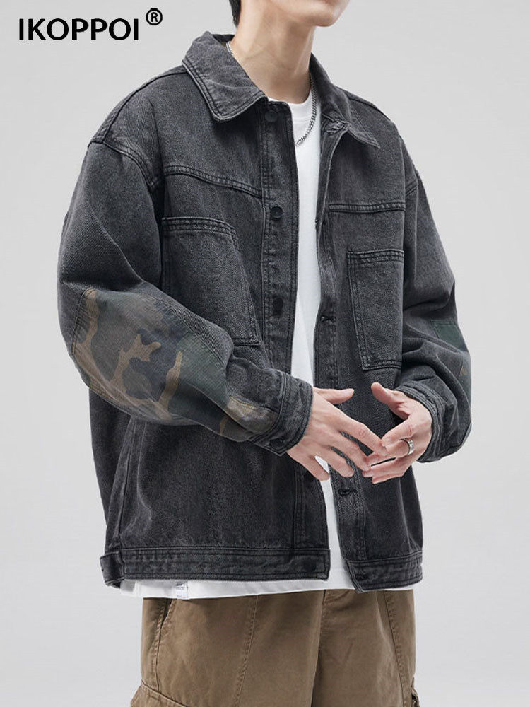 时尚品牌夹克男士春秋设计拼接对比夹克覆古多用途简单工作服牛仔
