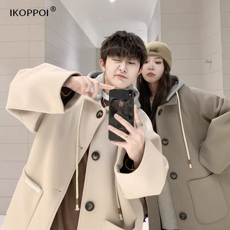 毛呢大衣男士秋冬季韩版潮流假两件连帽风衣宽松百搭情侣休闲外套,男装,毛呢大衣,淘宝优惠券,粉丝福利购,淘宝优惠卷