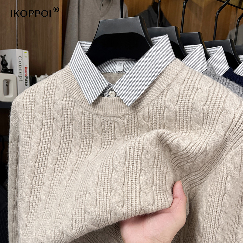 高端重磅男士假两件衬衫领针织衫秋冬季含羊毛保暖加厚麻花纹毛衣,男装,羊绒套衫,淘宝优惠券,粉丝福利购,淘宝优惠卷