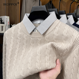 秋冬季 领针织衫 含羊毛保暖加厚麻花纹毛衣 假两件衬衫 高端重磅男士