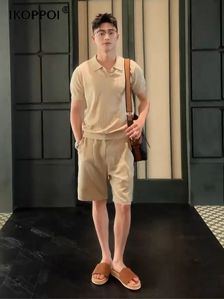 高端男士旧钱风格V领短袖针织Polo衫套装2025夏季经典休闲套装