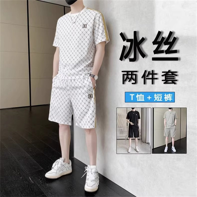 冰丝休闲套装男士夏季透气印花短袖短裤搭配一套时尚男装两件套薄