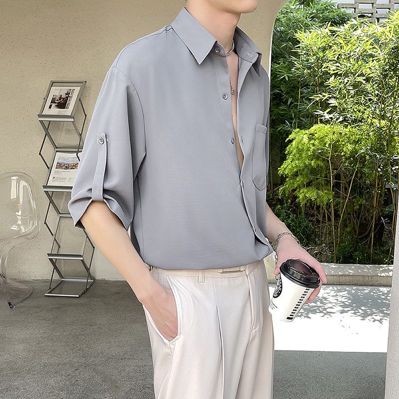 短袖衬衫男士夏季冰丝垂感免熨烫抗皱衬衫韩版高级感痞帅七分袖寸