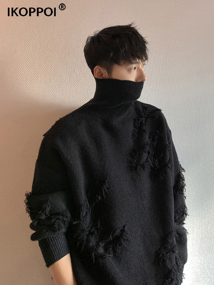 高端覆古打底衫男士秋冬季高级感流苏针织衫纯色百搭情侣高领毛衣