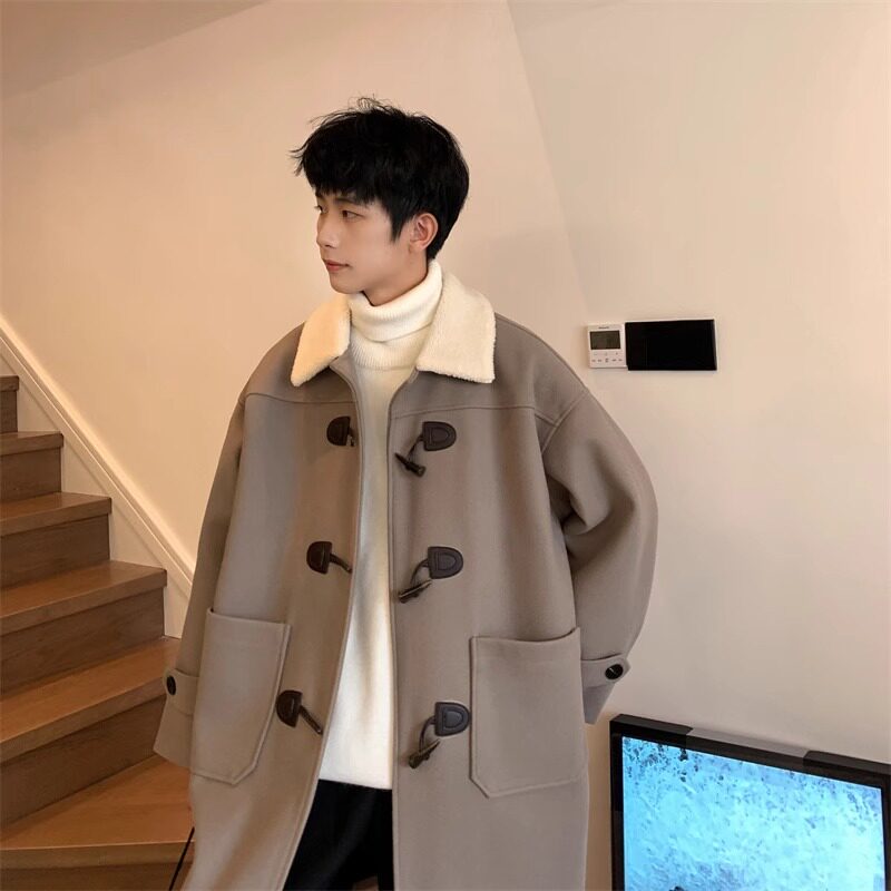 牛角扣毛呢大衣男士秋冬季加绒保暖长款风衣防寒韩版潮流情侣上衣,男装,毛呢大衣,淘宝优惠券,粉丝福利购,淘宝优惠卷
