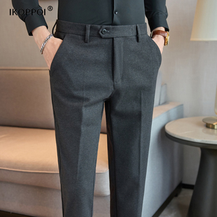 高端男士商务羊毛呢西裤2025秋冬季小直筒修身垂感正装加厚休闲裤