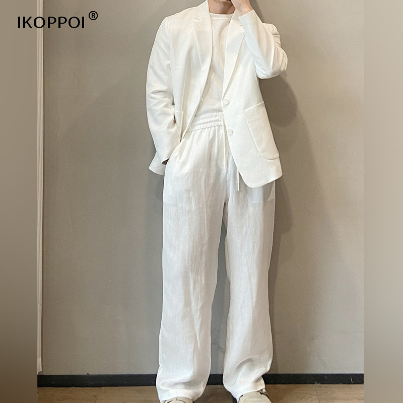 轻奢宽松极简风时尚两粒扣西装两件套春夏薄款休闲亚麻西服套装男