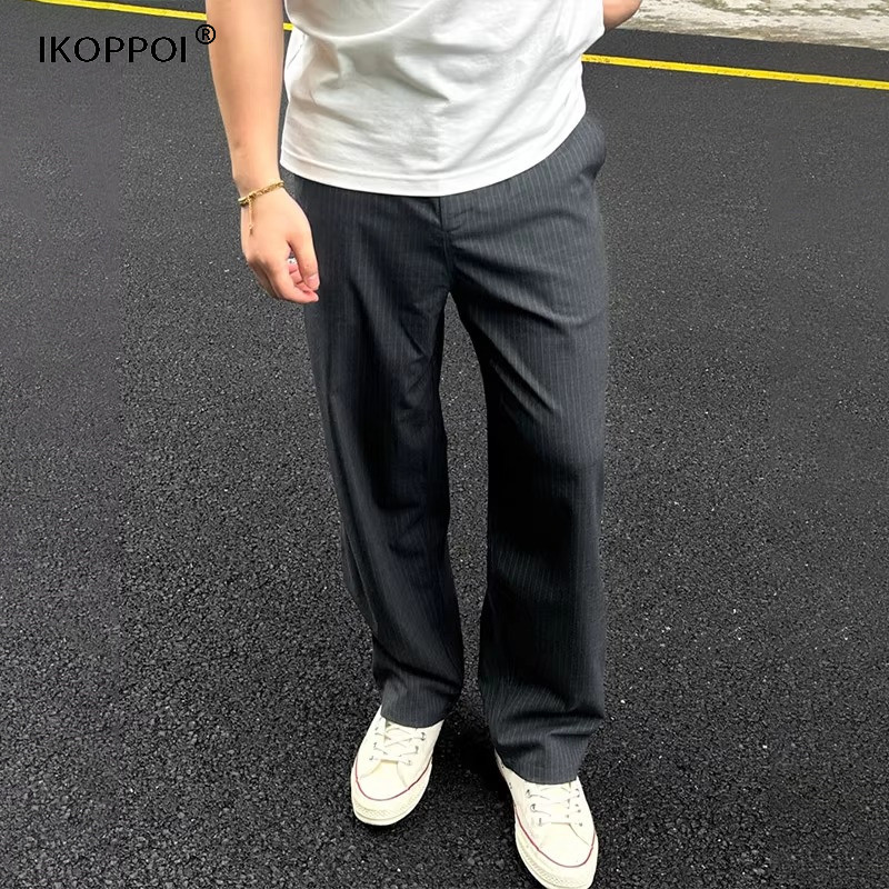 高端男士宽松条纹垂感裤子2025夏季薄款休闲直筒西裤阔腿西装长裤