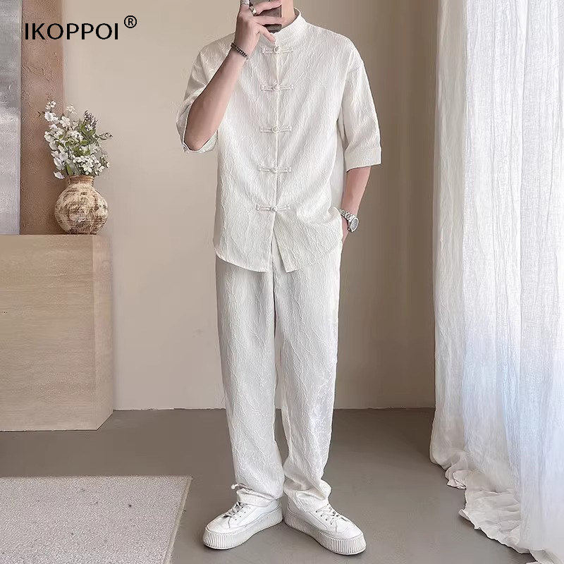 高端新中式休闲套装男士夏季提花刺绣手工盘扣立领衬衫长裤两件套