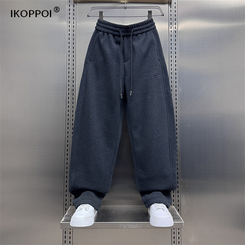 高端美式复古高街加绒卫裤运动裤男2025秋冬季宽松直筒弯刀休闲裤