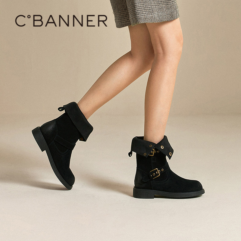 千百度低跟西部牛仔靴女款百搭冬季气质户外骑士靴复古保暖中筒靴