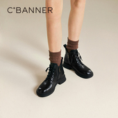 美拉德中跟系带时尚 千百度手抓皮马丁靴女2025冬季 新款 厚底短靴子