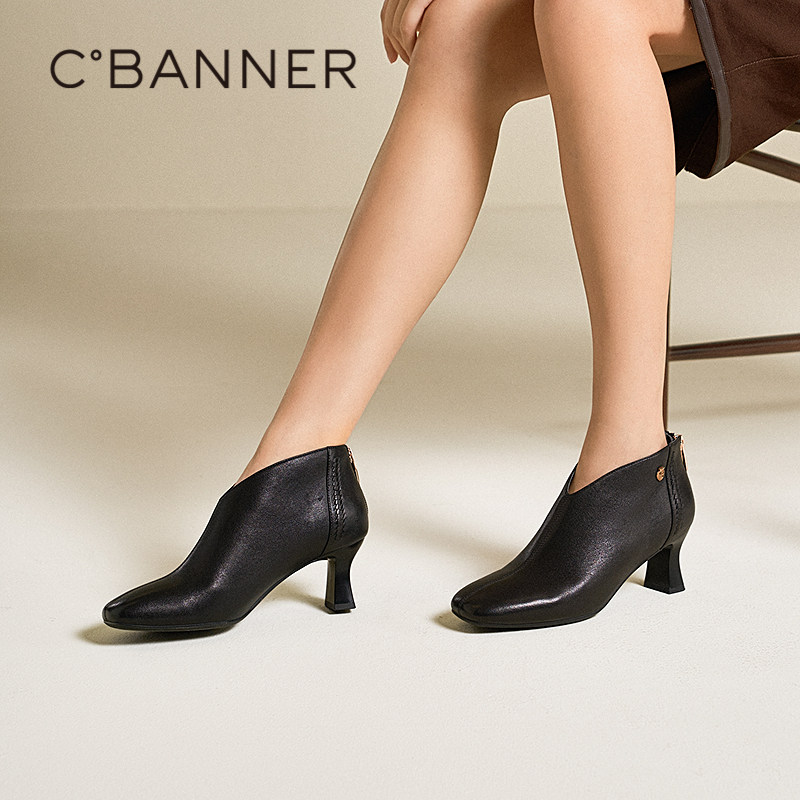 千百度羊皮粗跟装靴女款2025秋冬新款皮靴通勤踝靴方头气质小短靴