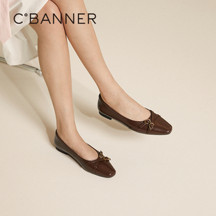 千百度低跟真皮浅口单鞋女款百搭气质新款通勤小皮鞋小香风晚晚鞋