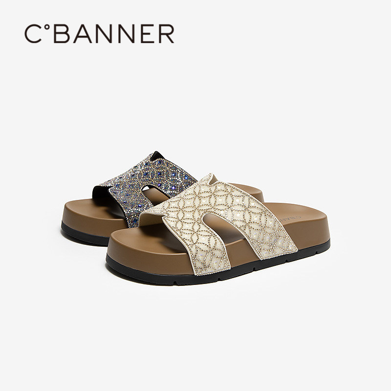 千百度钻面厚底露趾凉拖鞋女2026夏季新款外穿休闲度假海边一字拖