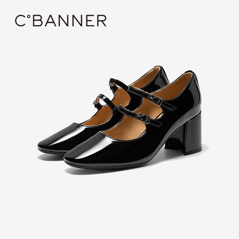 千百度漆皮粗高跟玛丽珍鞋女2026春季新款通勤浅口法式单鞋晚晚鞋