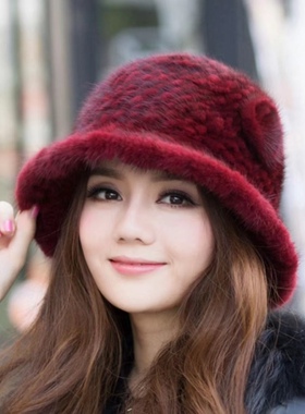 新款水貂帽子女士冬季保暖护耳水貂毛皮草编织渔夫帽盆帽女