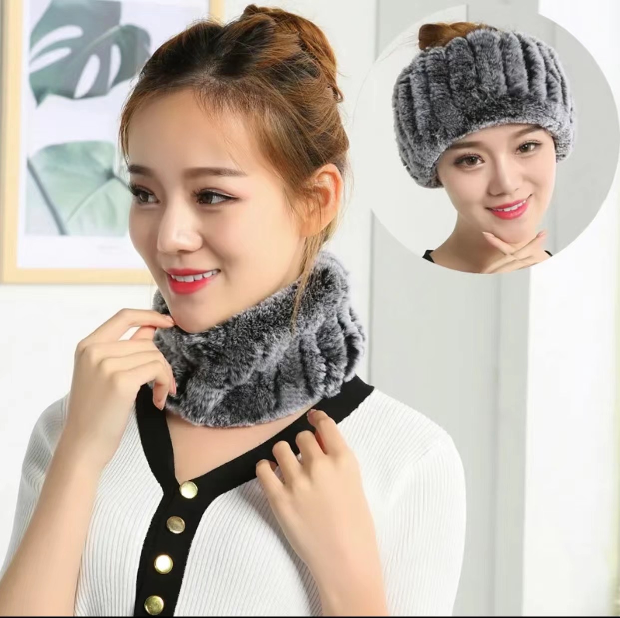 皮草围巾冬季新款獭兔毛编织保暖弹力套头脖套发带两用男女同款