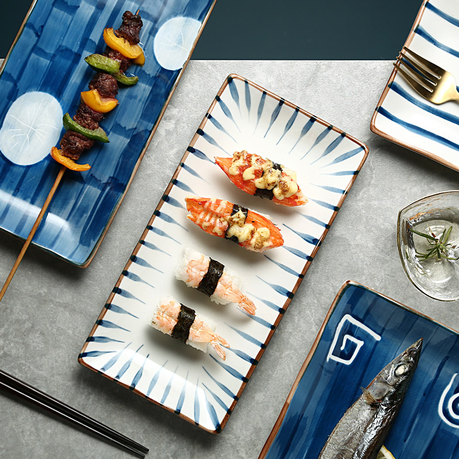 滋本家日式陶瓷长方形寿司盘创意手绘蒸鱼盘子家用新款摆盘甜品盘