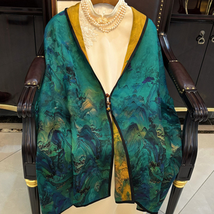 中式锦绣山河桑蚕丝香云纱盘扣披肩高档双层双面真丝围巾妈妈丝巾