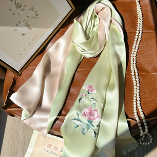 温婉清丽国风手工刺绣真丝丝巾 双层双面桑蚕丝苏绣围巾节日礼品