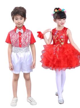 新款儿童亮片纱裙合唱服蓬蓬公主连衣裙幼儿园中小学生演出服红色