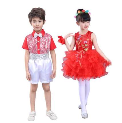 新款儿童亮片纱裙合唱服蓬蓬公主连衣裙幼儿园中小学生演出服红色