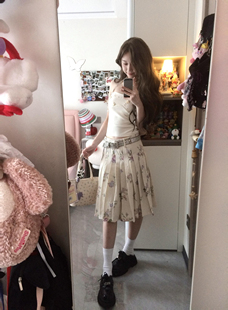 Chendafei 韩系复古原创插画碎花百褶裙柏林花事设计感a字半身裙