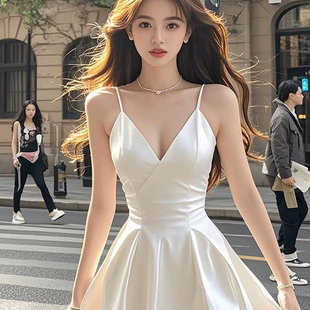 纯欲风复古白色缎面V领吊带连衣裙女2026夏季新款显瘦包臀短裙子