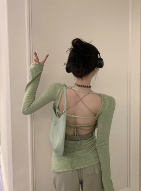 春季新款性感内搭修身吊带两件套女辣妹法式绿色罩衫长袖T恤上衣