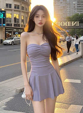 纯欲风辣妹紫色抹胸连衣裙女2025夏季新款气质显瘦收腰A字短裙潮