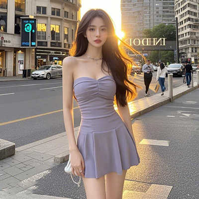 紫色抹胸连衣裙女夏季A字短裙