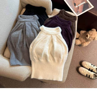 纯欲风水貂绒设计感挂脖吊带背心女秋冬辣妹削肩无袖 打底气质上衣