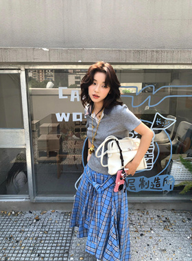 Loala office 美式复古衬衫式系带格子半身裙女夏季不规则中长裙