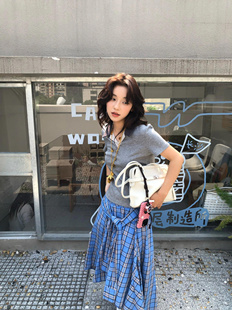 Loala office 美式复古衬衫式系带格子半身裙女夏季不规则中长裙