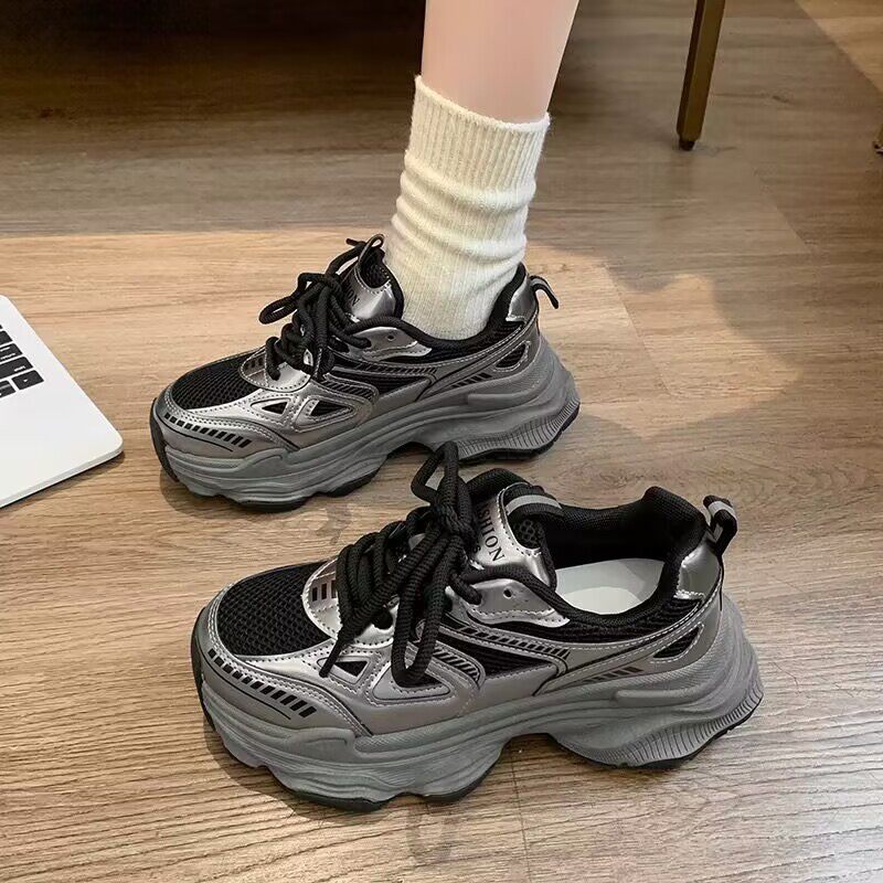 女2026新款百搭休闲鞋透气老爹鞋女式系带增高厚底运动鞋网面单鞋
