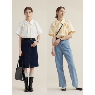 夏季 法式 SONDERS 新款 女宽松衬衣 简约风纯色polo领抽褶短袖 衬衫