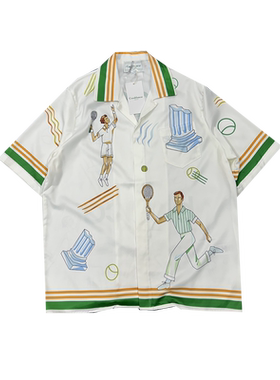 casablanca 25 橙色网球像 度假风丝休闲 夏威夷度假百搭短袖衬衣