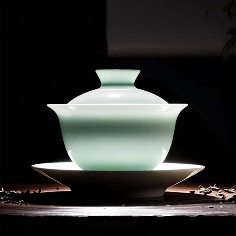 影青玉瓷三才盖碗茶杯高档景德镇