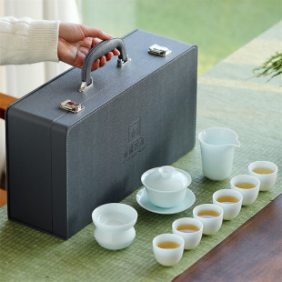 家用办公泡茶壶盖碗茶杯陶瓷高档送礼 冰种青白玉瓷功夫茶具套装