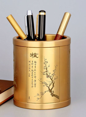 速发铜笔筒件摆刻五牛百福图梅兰竹菊书房办公饰装室礼品