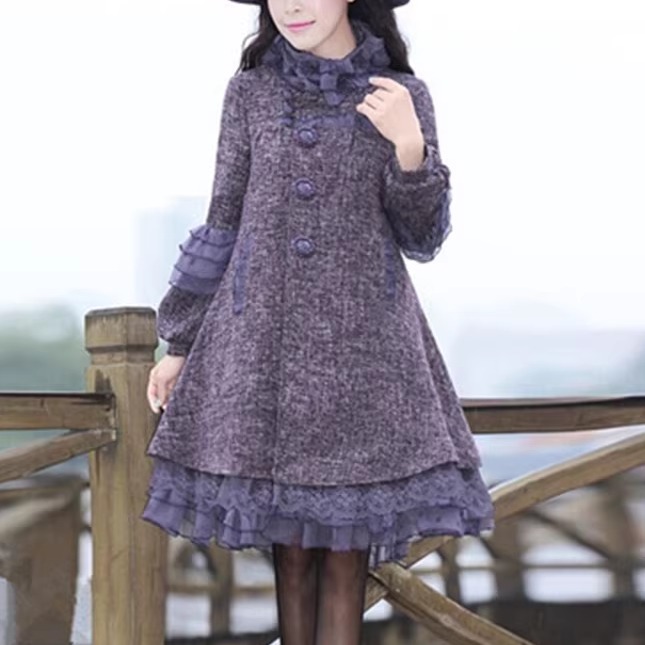 中长款毛呢外套紫色蕾丝毛呢大衣