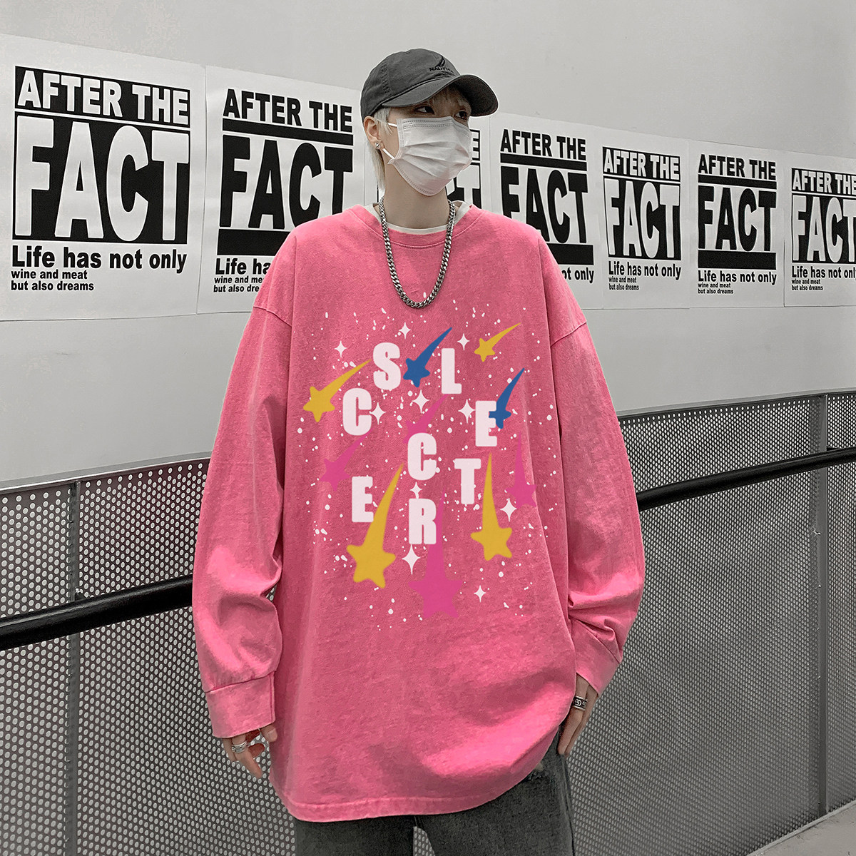 直播品质！秋装新品水洗做旧宽松印花长袖T恤XZ203-CT645-P55,男装T恤,星座203