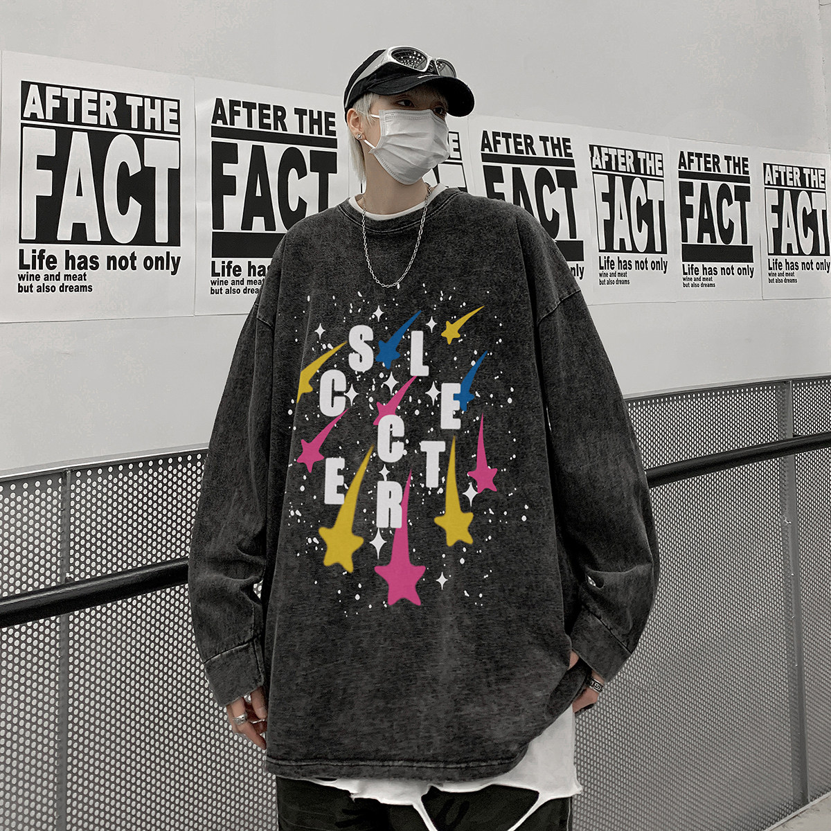 直播品质！秋装新品水洗做旧宽松印花长袖T恤XZ203-CT645-P55,男装T恤,星座203