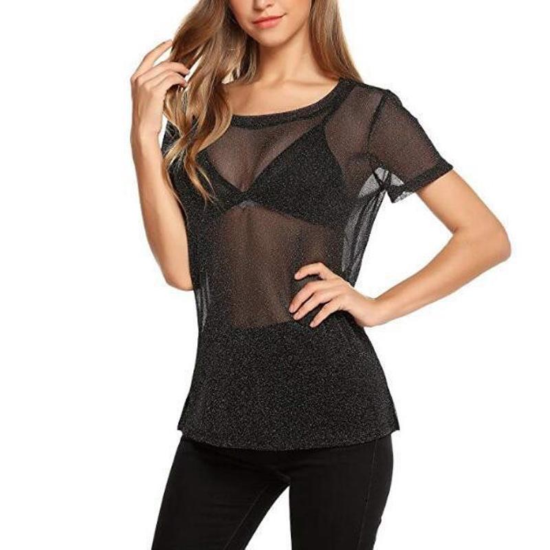 High elastic silver mesh hollow short-sleeved top sexy mesh