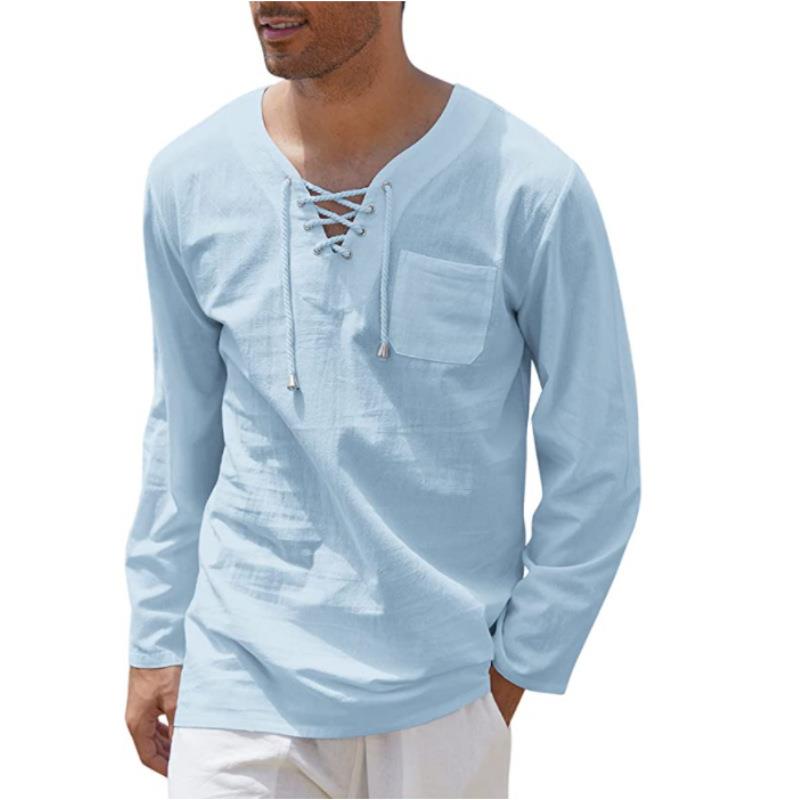 shirt long-sleeved V-neck lace-up casual fashion linen and