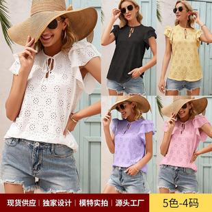 neck sleeves dress round with Womens lace hollow and