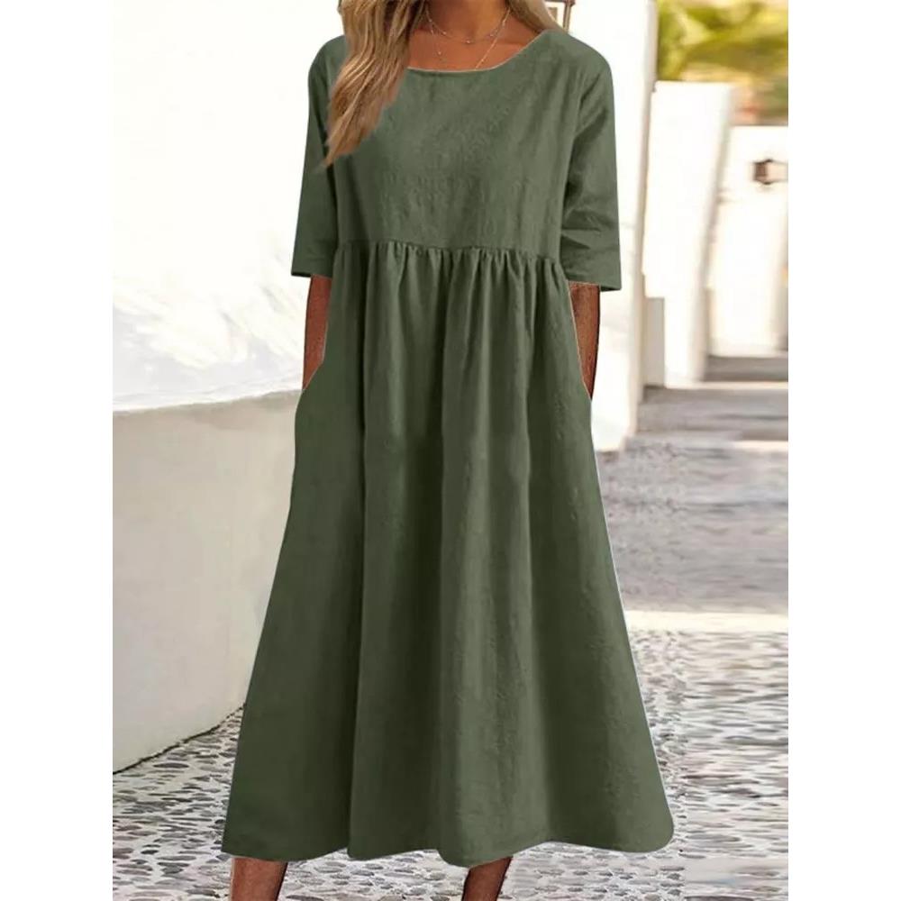 and casual summer cotton dress round color solid linen